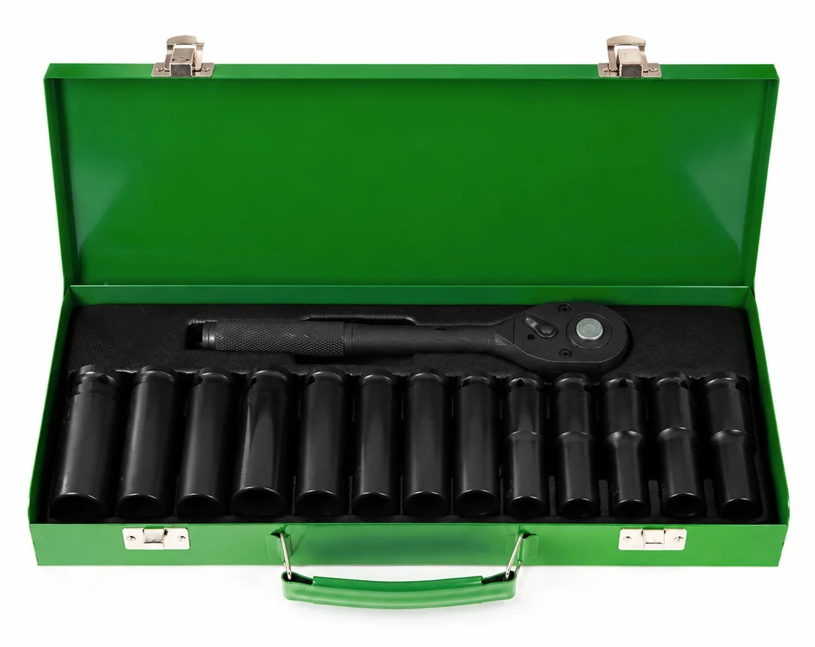 14PCS 1/2 Inch Drive Metric Deep Impact Socket Set with Ratchet Handle and Metal Case