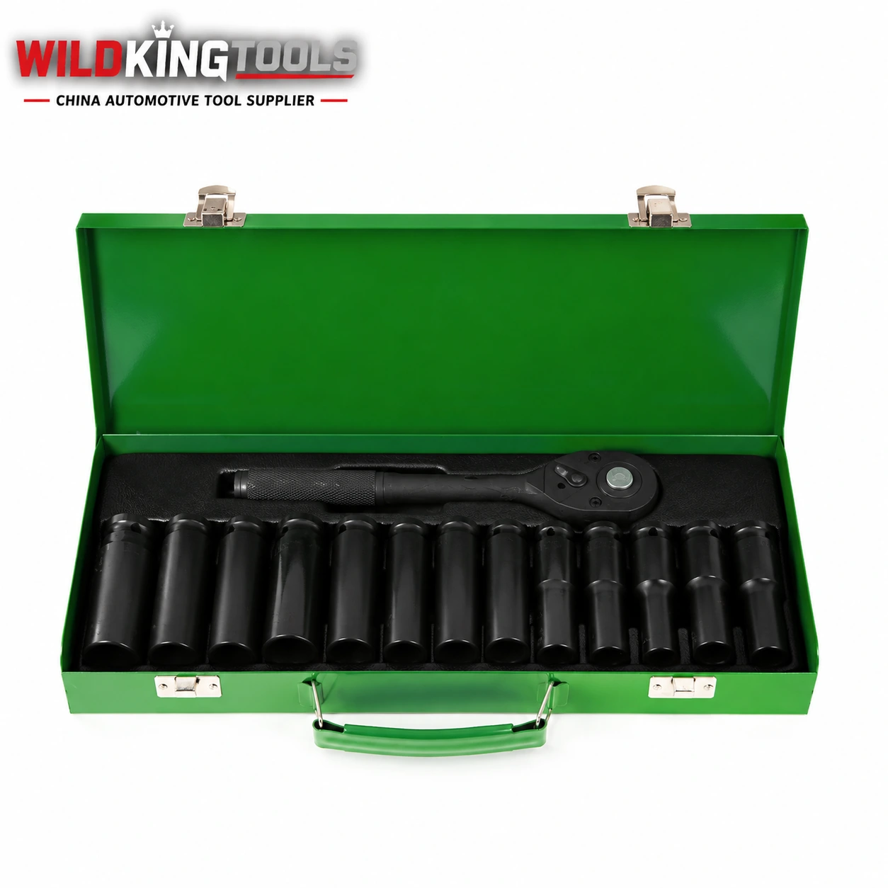 14PCS 12 Inch Drive Metric Deep Impact Socket Set with Ratchet Handle and Metal Case